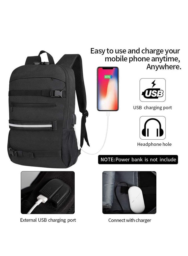 Skateboard Backpack, Laptop Backpack Rucksack with USB Charging Port, Anti-Theft Lock, Water Resistant, Fits up to 15.6-17 Inch Laptop, for College School Business Travel Men Boy-Black - Image 2