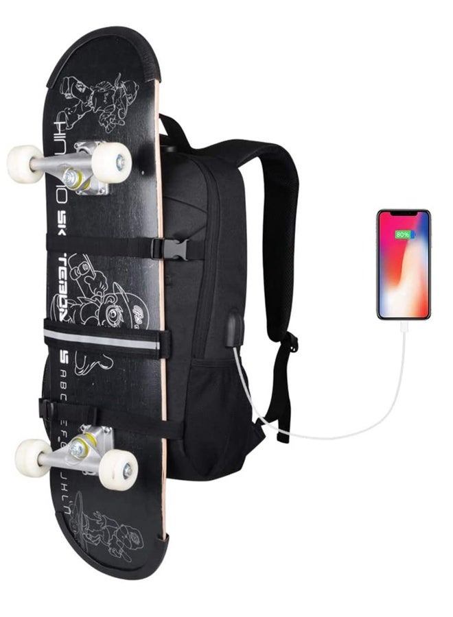 Skateboard Backpack, Laptop Backpack Rucksack with USB Charging Port, Anti-Theft Lock, Water Resistant, Fits up to 15.6-17 Inch Laptop, for College School Business Travel Men Boy-Black - Image 1