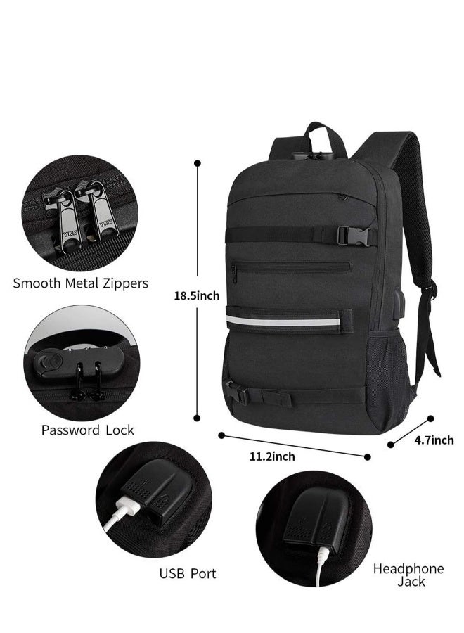 Skateboard Backpack, Laptop Backpack Rucksack with USB Charging Port, Anti-Theft Lock, Water Resistant, Fits up to 15.6-17 Inch Laptop, for College School Business Travel Men Boy-Black - Image 3