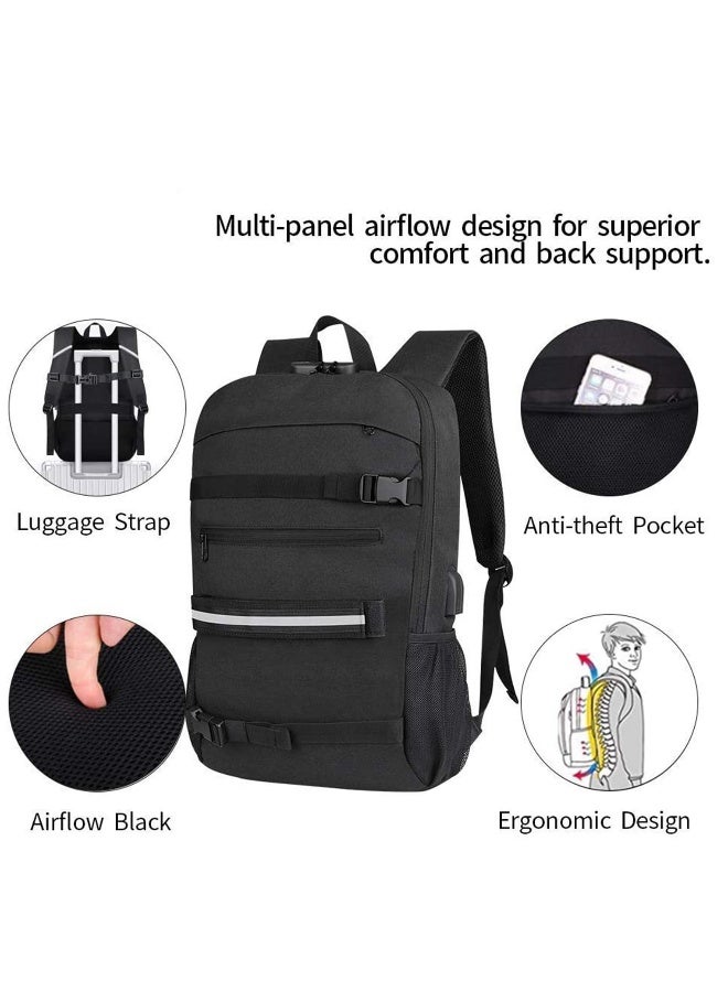 Skateboard Backpack, Laptop Backpack Rucksack with USB Charging Port, Anti-Theft Lock, Water Resistant, Fits up to 15.6-17 Inch Laptop, for College School Business Travel Men Boy-Black - Image 4