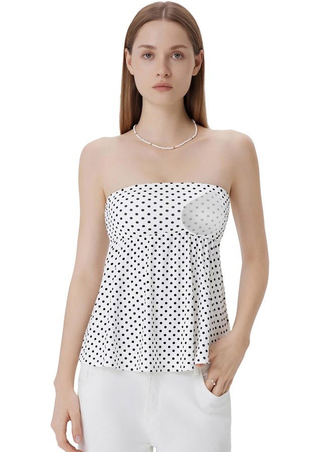 SUUKSESS Women Peplum Tube Tops with Built in Bra Summer Cute Sleeveless Strapless Babydoll Tank Top, White Polka Dots, M - Image 1