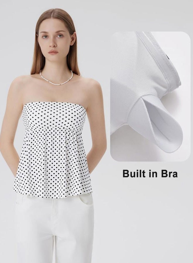 SUUKSESS Women Peplum Tube Tops with Built in Bra Summer Cute Sleeveless Strapless Babydoll Tank Top, White Polka Dots, M - Image 4