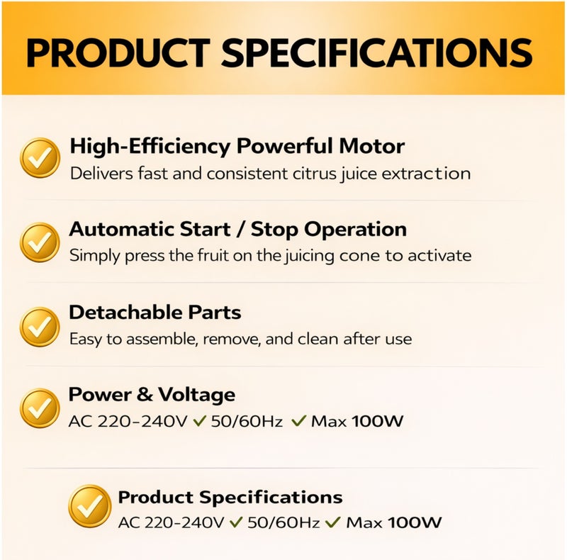 جليز عصارة حمضيات كهربائية 100 واط لاستخراج العصير مع فوهة سكب مباشرة، صانعة عصير أوتوماتيكية للبرتقال والليمون، سهلة التنظيف بأجزاء قابلة للفك، آلة عصير طازج للمطبخ المنزلي، ضمان لمدة سنتين - Image 3