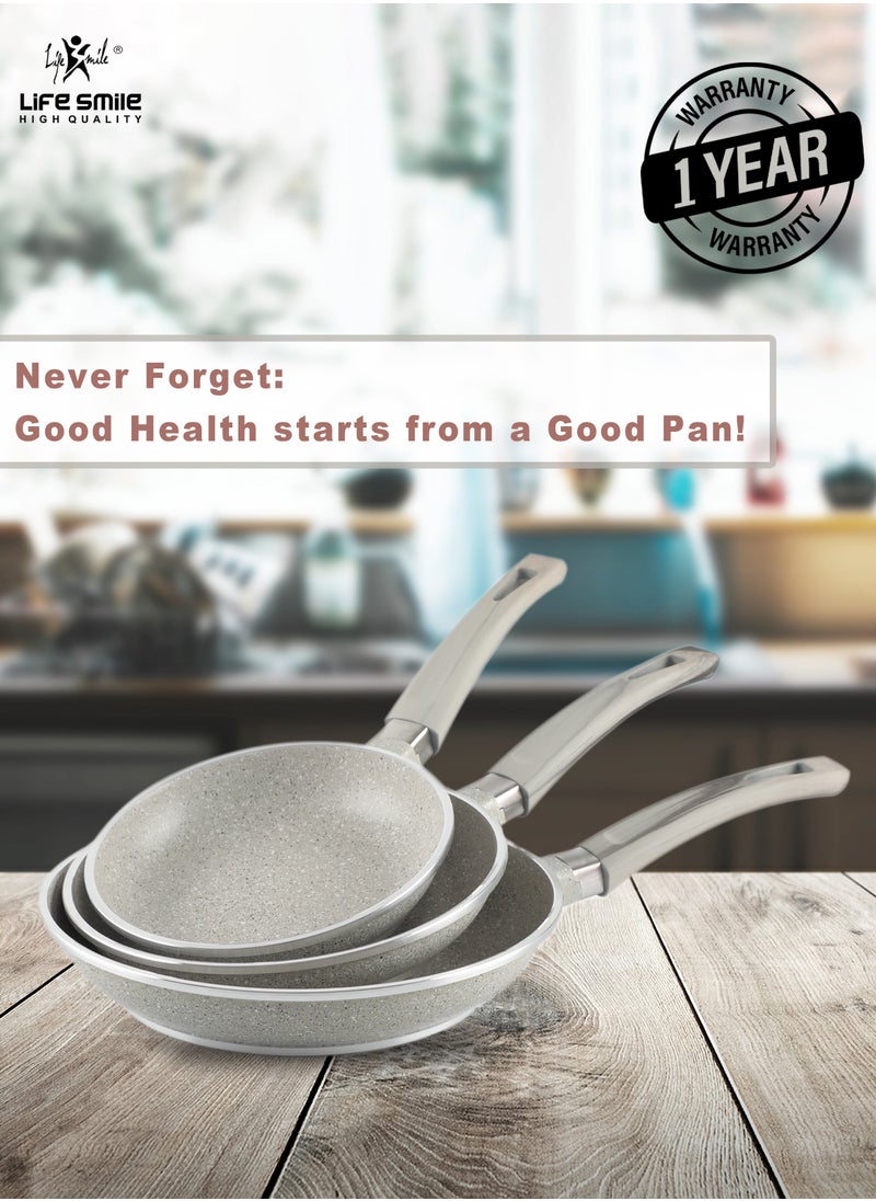Life Smile 20 CM, 24 CM, 28 CM Non stick Pan Set Strong Aluminum Body with Granite Coating Frying Pan Heat Resistant Silicone Finish Handles Fry Pan Non stick  - Image 2