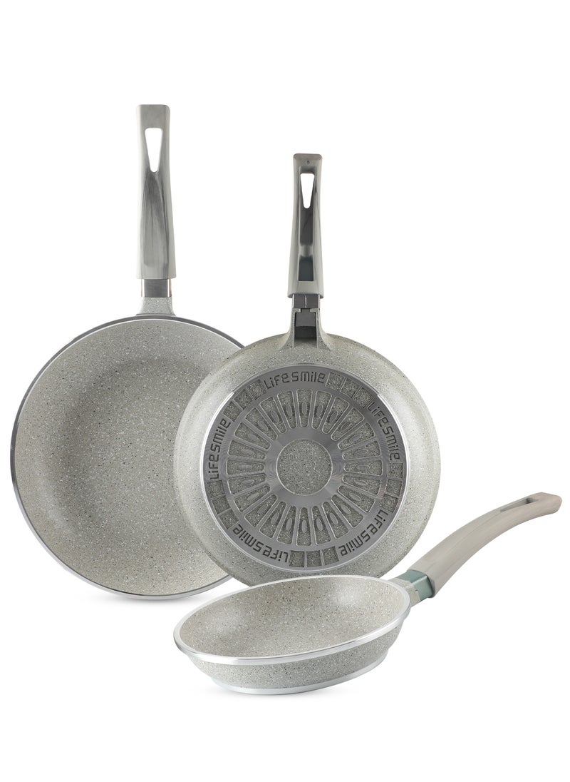 Life Smile 20 CM, 24 CM, 28 CM Non stick Pan Set Strong Aluminum Body with Granite Coating Frying Pan Heat Resistant Silicone Finish Handles Fry Pan Non stick  - Image 1