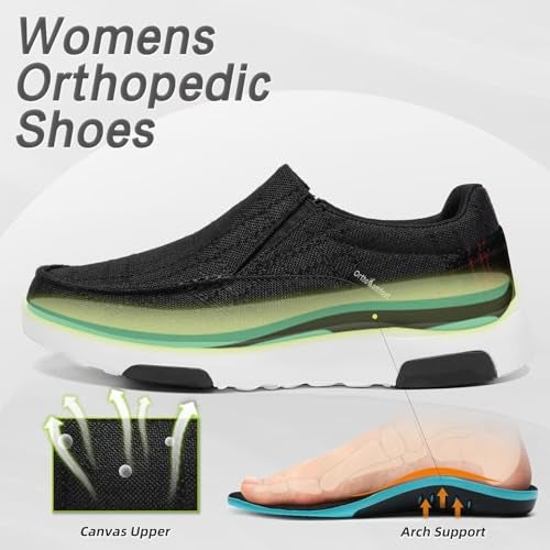 OrthoComfoot أحذية لوفرز نسائية طبية سهلة الارتداء: أحذية لوفرز مرنة لعلاج التهاب اللفافة الأخمصية، أحذية قارب متينة مع دعم للقوس، تخفيف آلام الكعب والقدم سهلة الارتداء للقدم المسطحة باللون الأسود مقاس 8.5 - Image 3