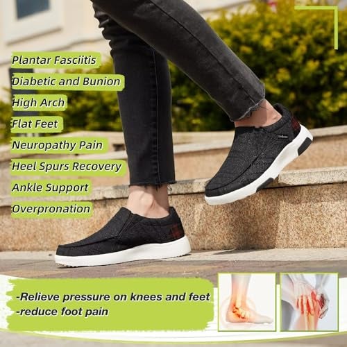 OrthoComfoot أحذية لوفرز نسائية طبية سهلة الارتداء: أحذية لوفرز مرنة لعلاج التهاب اللفافة الأخمصية، أحذية قارب متينة مع دعم للقوس، تخفيف آلام الكعب والقدم سهلة الارتداء للقدم المسطحة باللون الأسود مقاس 8.5 - Image 4