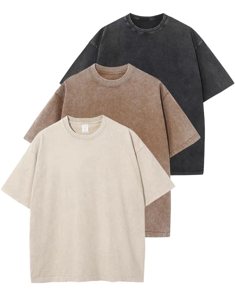 Arssm 3 Pack Men Oversized T Shirts Vintage Tee Loose Fit Short Sleeve Casual Streetwear Baggy Washed Unisex Tops(BlackKhakiBeige-L) - Image 1