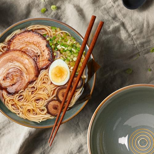 NUTRIUPS 8 Inch Ceramic Ramen Bowl Set of 2 Pho Bowls 40oz Japanese Noodle Udon Soup Bowls with Spoons and Chopsticks (Deep Ocean Green) - Image 3