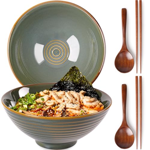 NUTRIUPS 8 Inch Ceramic Ramen Bowl Set of 2 Pho Bowls 40oz Japanese Noodle Udon Soup Bowls with Spoons and Chopsticks (Deep Ocean Green) - Image 1