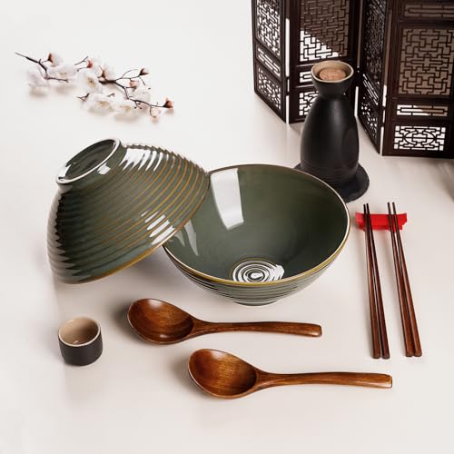 NUTRIUPS 8 Inch Ceramic Ramen Bowl Set of 2 Pho Bowls 40oz Japanese Noodle Udon Soup Bowls with Spoons and Chopsticks (Deep Ocean Green) - Image 4