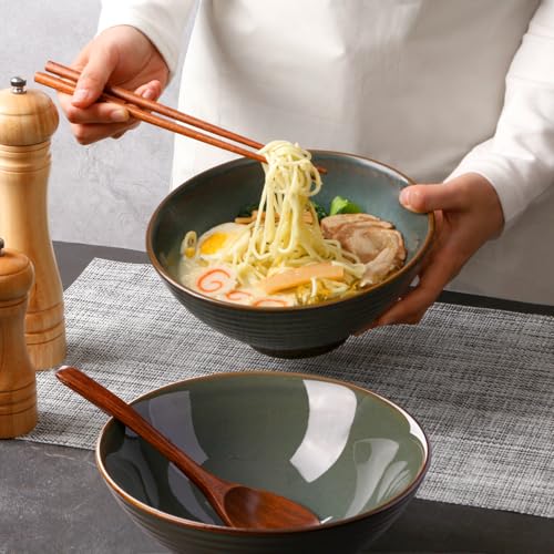 NUTRIUPS 8 Inch Ceramic Ramen Bowl Set of 2 Pho Bowls 40oz Japanese Noodle Udon Soup Bowls with Spoons and Chopsticks (Deep Ocean Green) - Image 5