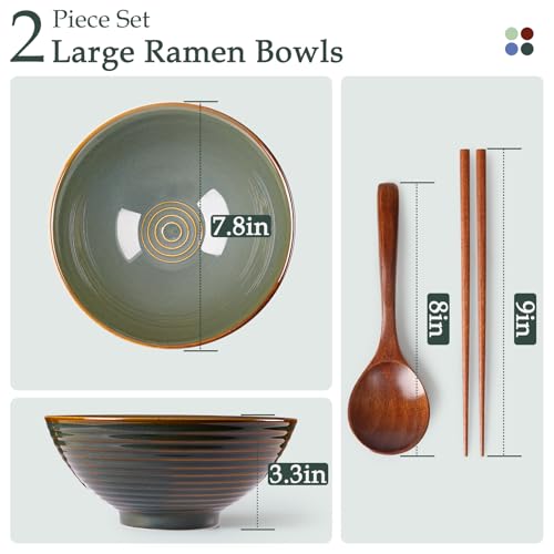 NUTRIUPS 8 Inch Ceramic Ramen Bowl Set of 2 Pho Bowls 40oz Japanese Noodle Udon Soup Bowls with Spoons and Chopsticks (Deep Ocean Green) - Image 2