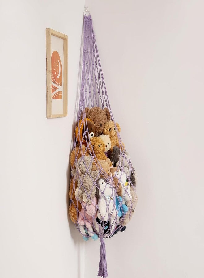 Macrame Kn0ts Stuffed Animal Storage Organizer Toy Hammock - Macrame Hanging Net for Plush Toys, Boho Nursery & Playroom Decor, Wall-Mounted Stuffed Animal Holder (Purple) - Image 1