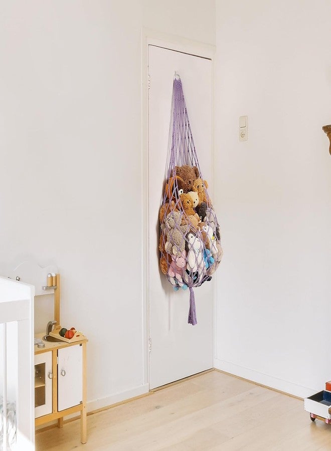 Macrame Kn0ts Stuffed Animal Storage Organizer Toy Hammock - Macrame Hanging Net for Plush Toys, Boho Nursery & Playroom Decor, Wall-Mounted Stuffed Animal Holder (Purple) - Image 2