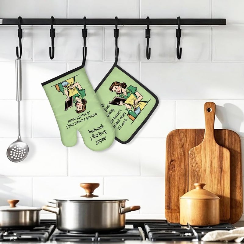 DYJYBMY I Got Food Poisoning Funny Oven Mitts and Pot Holder Set for Baking Cooking, Baking Gifts for Women, Cute Oven Mitt Set, Cooking Birthday Housewarming Gifts for Chef Friend Mom Sister BFF - Image 4
