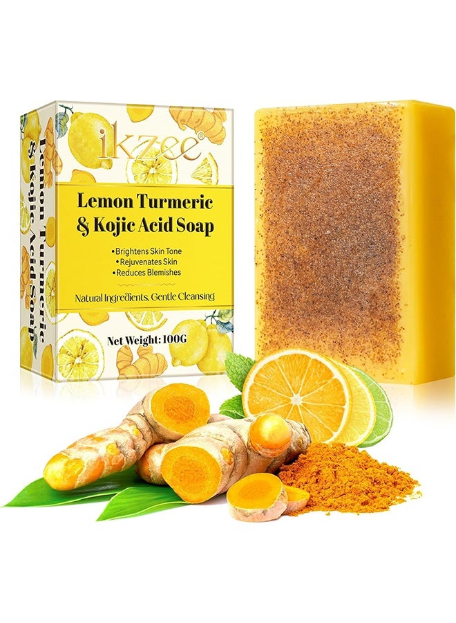 IKZEE Lemon Turmeric Kojic Acid Soap, Dark Spot Corrector, Deep Cleansing and Brightening Soap Bar, Moisturizing for Face and Body, Skin Whitening Soap for Even Skin Tone, 100g - Image 1