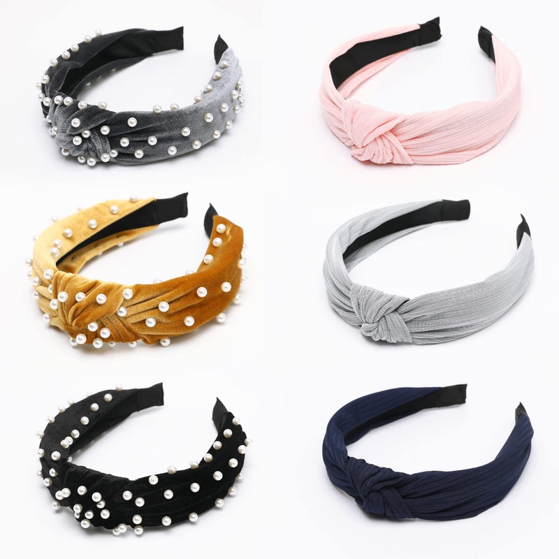LOVNFC Womens Headbands 6 Pcs Knotted Head Bands No Slip Fashion for women Girls Wide Top Knot Turban Hair Bands Velvet Hair Hoops Hairband gray blue pink