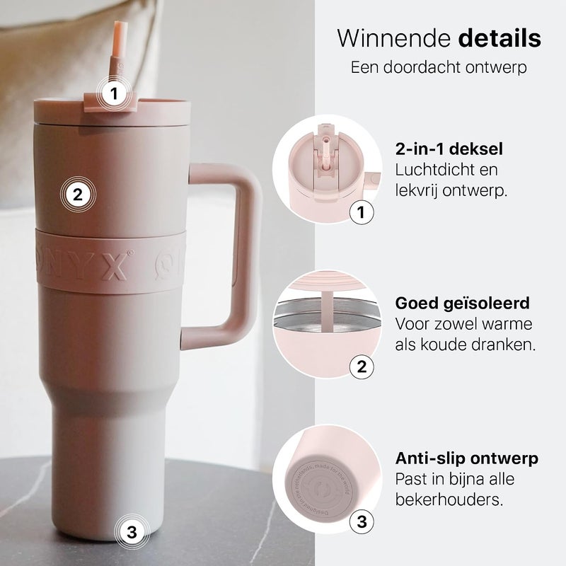 Onyx Drinking Bottle with Straw 1.2 Liter - Water Bottle for Children & Adults - Thermos Cup Stainless Steel Travel Mug - Motivational Drinking Canister - Drinking Cup for School - Pink - Image 2