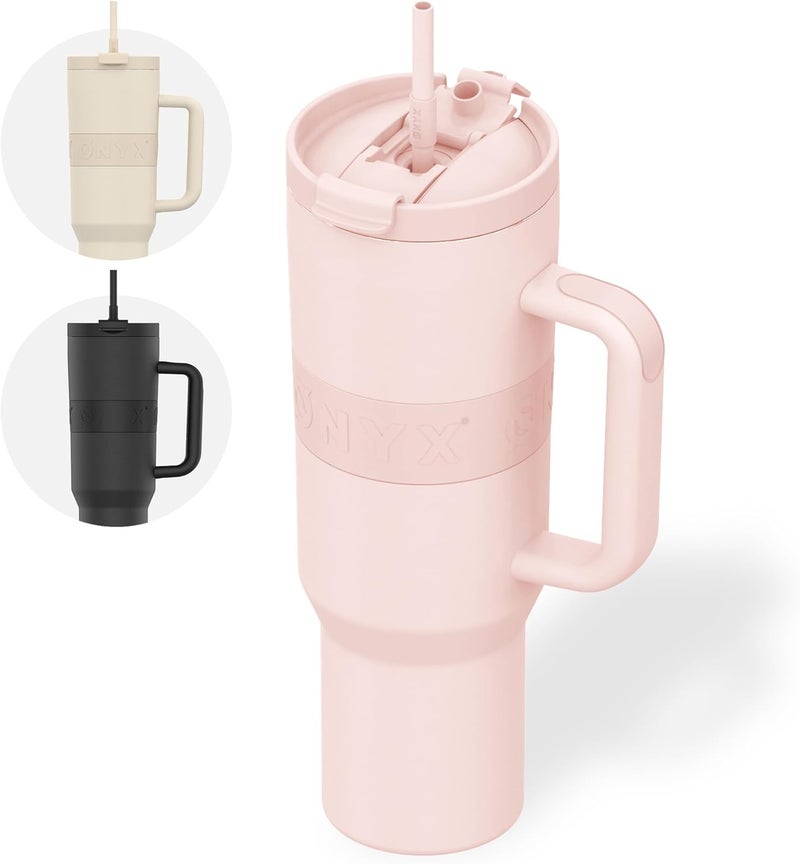 Onyx Drinking Bottle with Straw 1.2 Liter - Water Bottle for Children & Adults - Thermos Cup Stainless Steel Travel Mug - Motivational Drinking Canister - Drinking Cup for School - Pink - Image 1