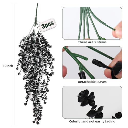RECUTMS Black Hanging Flowers Faux Hanging Plants Black Artificial Hanging Plant Fake Greenery Faux UV Resistant Hanging Vines Plant for Indoor Outdoor Wedding Halloween Party Fall Wall Room Door Decor - Image 2
