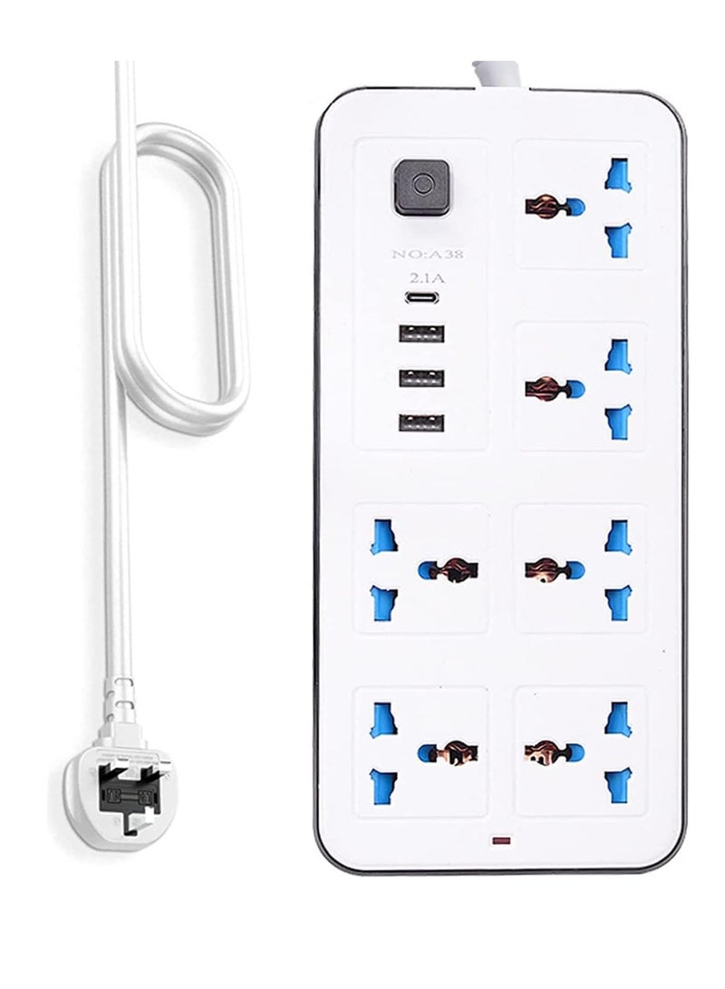 Power Strip Surge Protector with USB- Extension Cord Flat Plug with Widely 6 AC Outlet and 3 USB + 1 Type C, Small Desktop Station with 6 ft Power Cord, Compact Socket (GK-A38-WHT)