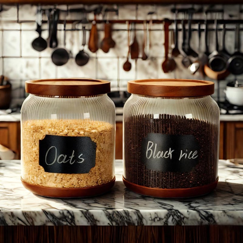 SAIOOL 2-Pack Striped Borosilicate Glass Airtight Canisters - Big mouth Large Capacity, Acacia Wood Lid, Food Storage Jars for Flour, Pasta, Pantry Organization (1/2 Gallon ï¼ˆStriped 2 packï¼‰) - Image 2