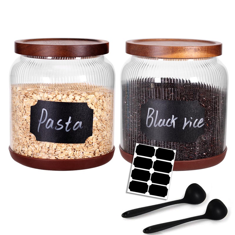 SAIOOL 2-Pack Striped Borosilicate Glass Airtight Canisters - Big mouth Large Capacity, Acacia Wood Lid, Food Storage Jars for Flour, Pasta, Pantry Organization (1/2 Gallon ï¼ˆStriped 2 packï¼‰) - Image 1