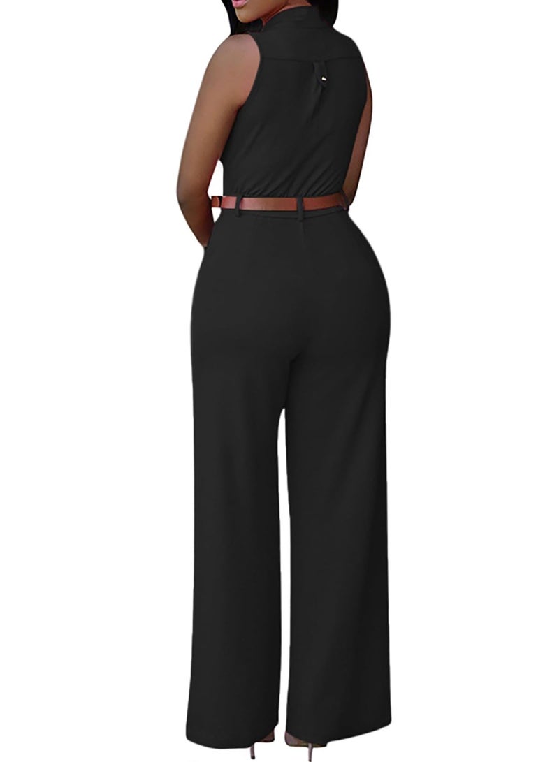 Pink Queen Womens Jumpsuits Black Sleeveless Stand Collar Belt Jumpsuits Rompers - Image 2