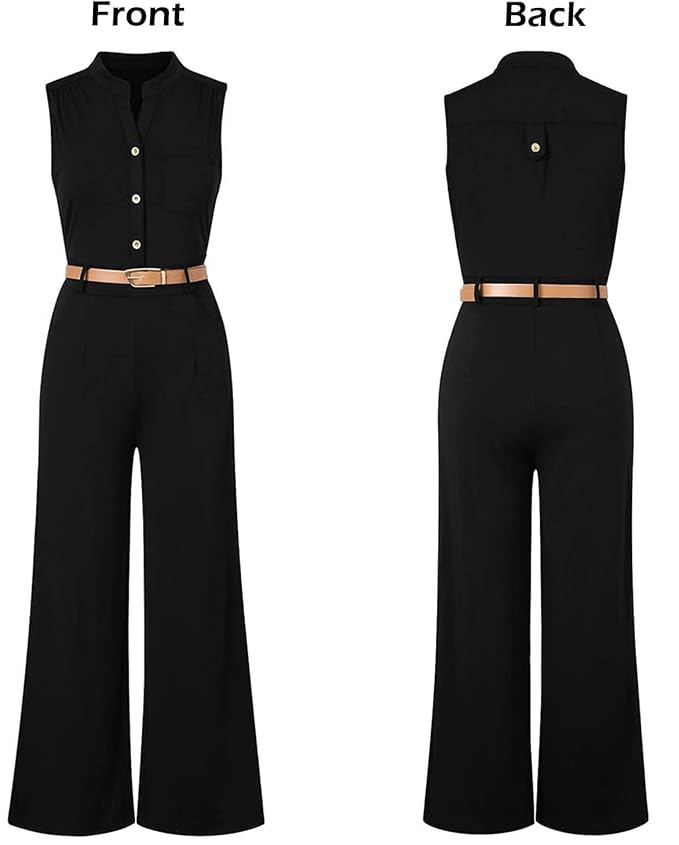 Pink Queen Womens Jumpsuits Black Sleeveless Stand Collar Belt Jumpsuits Rompers - Image 3