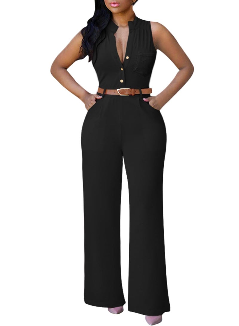Pink Queen Womens Jumpsuits Black Sleeveless Stand Collar Belt Jumpsuits Rompers - Image 1