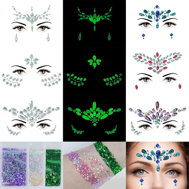 DECOYARDOO Face Gems, 6 Sheets Face Jewels Stick On, 30g Chunky Glitter, Rhinestones Noctilucent Stickers Temporary Tattoos-Eye Body Euphoria Makeup Rave Clothes Carnival Festival Outfit (3Luminous)