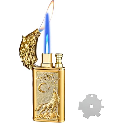 XQBBIDM Torch Lighter, Relief Wolf Design Magic Dual Flame Lighter with Adjusting Flames Tool, Creative Windproof Lighters, Cool Jet Flame Refillable Butane Lighters for Outdoor Indoor-Gold Wolf - Image 1