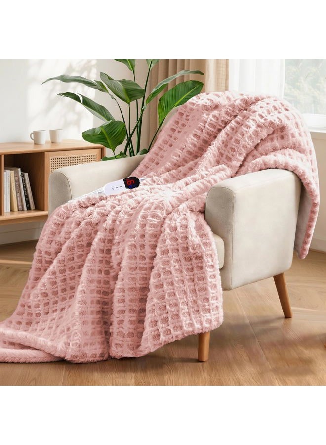PTQ Waffle Heated Throw Blanket 50"x60" – Pink Blush Electric Blanket with 6 Heat Levels & 4 Timer Settings, Ultra-Soft Faux Fur & Sherpa, ETL Certified, Machine Washable, Ideal Gift for Women - Image 1