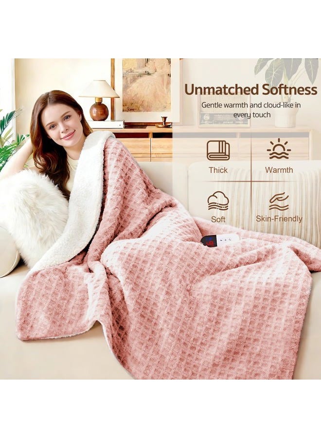 PTQ Waffle Heated Throw Blanket 50"x60" – Pink Blush Electric Blanket with 6 Heat Levels & 4 Timer Settings, Ultra-Soft Faux Fur & Sherpa, ETL Certified, Machine Washable, Ideal Gift for Women - Image 4