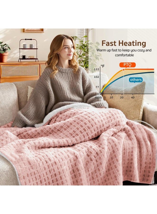 PTQ Waffle Heated Throw Blanket 50"x60" – Pink Blush Electric Blanket with 6 Heat Levels & 4 Timer Settings, Ultra-Soft Faux Fur & Sherpa, ETL Certified, Machine Washable, Ideal Gift for Women - Image 3