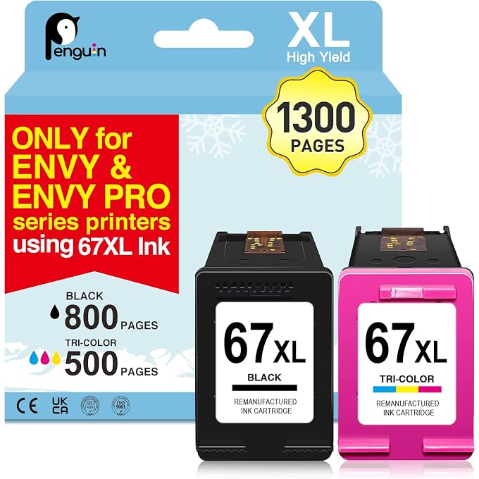 Penguin 67XL Remanufactured Ink Cartridge Replacement for 67 XL Compatible with 2722 2722e 2723 2723e 2724 2732 2732e 2734 Printers, 1 Black 1 Color Combo Pack High Yield, 1150 Pages