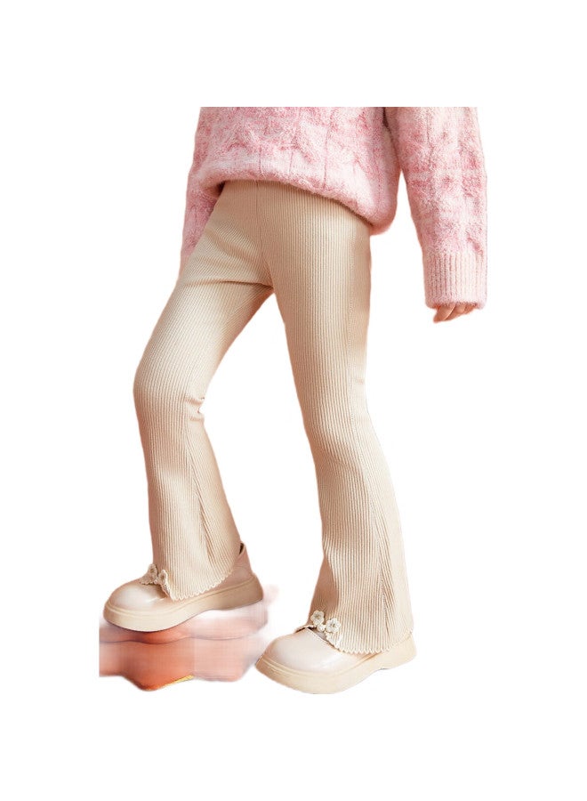 Ask Junior Girls' Knit Floral Decorated Casual Pants Spring Baby Sports Pants Beige 100 - Image 1