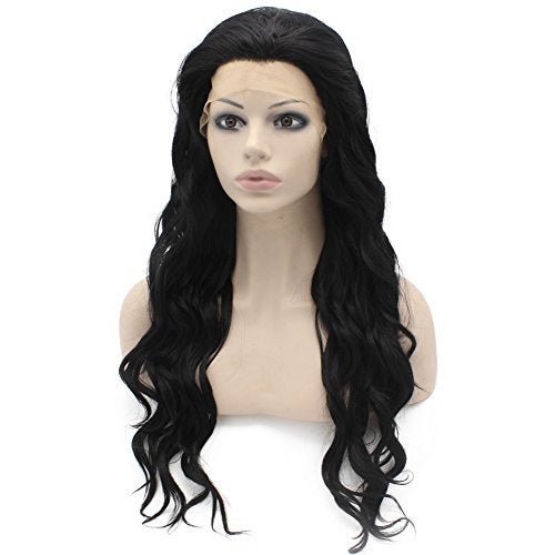 MX angel Long Wavy Celebrity Lace Front Wig Half Hand Tied Heat Resistant Fiber Black Synthetic Hair Wig - Image 3