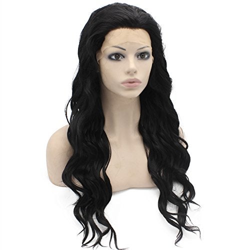 MX angel Long Wavy Celebrity Lace Front Wig Half Hand Tied Heat Resistant Fiber Black Synthetic Hair Wig - Image 2
