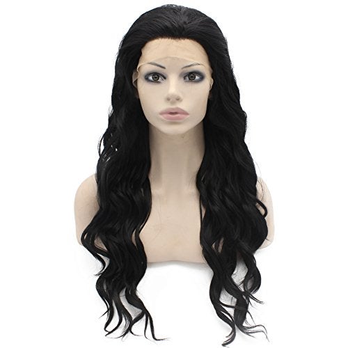 MX angel Long Wavy Celebrity Lace Front Wig Half Hand Tied Heat Resistant Fiber Black Synthetic Hair Wig - Image 5