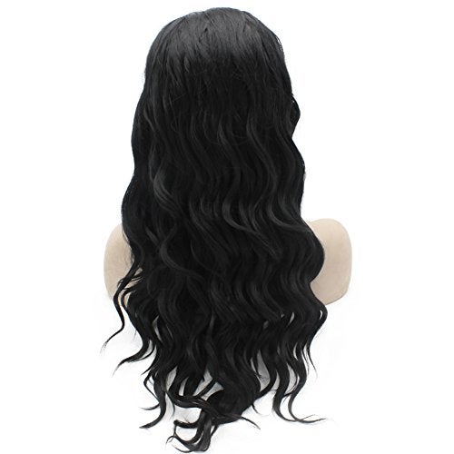 MX angel Long Wavy Celebrity Lace Front Wig Half Hand Tied Heat Resistant Fiber Black Synthetic Hair Wig - Image 4