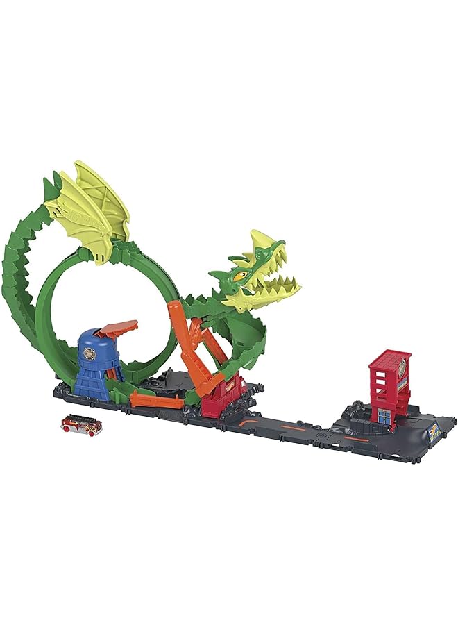 Hot Wheels Track Set And 1 1 64 Scale Toy Firetruck City Dragon Drive Firefight - Image 1