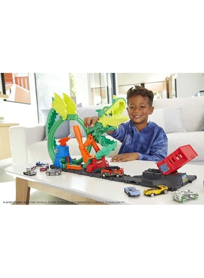 Hot Wheels Track Set And 1 1 64 Scale Toy Firetruck City Dragon Drive Firefight - Image 2