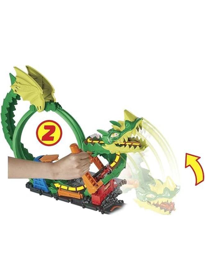 Hot Wheels Track Set And 1 1 64 Scale Toy Firetruck City Dragon Drive Firefight - Image 4