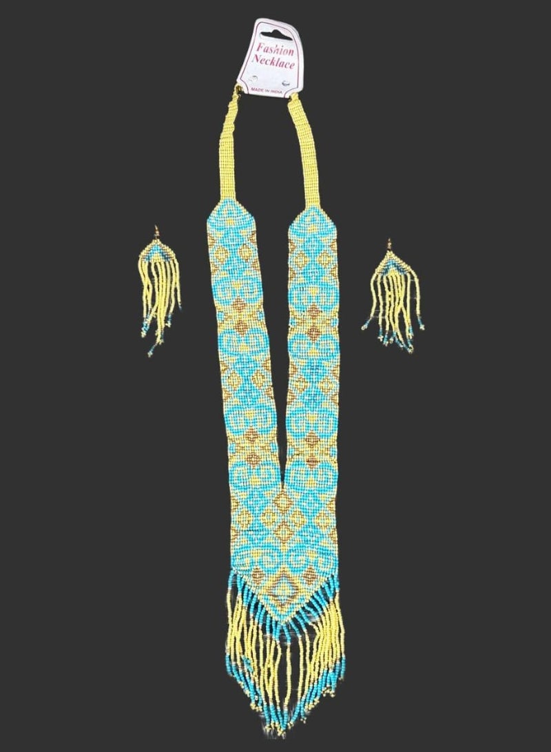Handmade Indian Necklace & Earrings Set – Colorful Natural Beads + Tassels | Cotton Tie | 38 cm | 2025 Trend