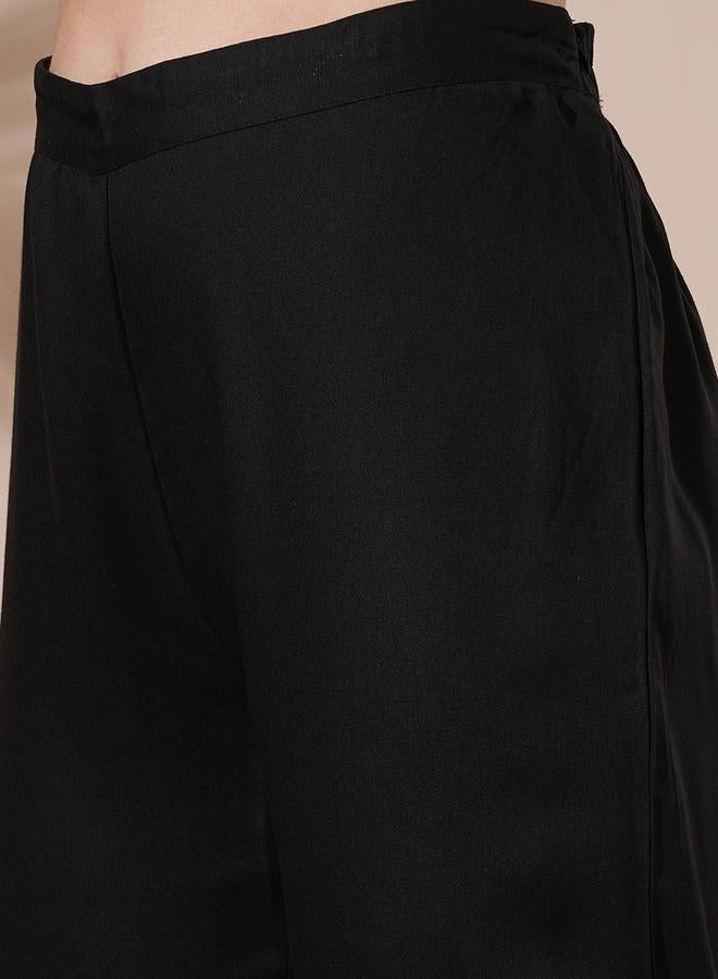 globus Women Black Embroidered Front Slits A-Line Kurta with Pant Set - Image 5