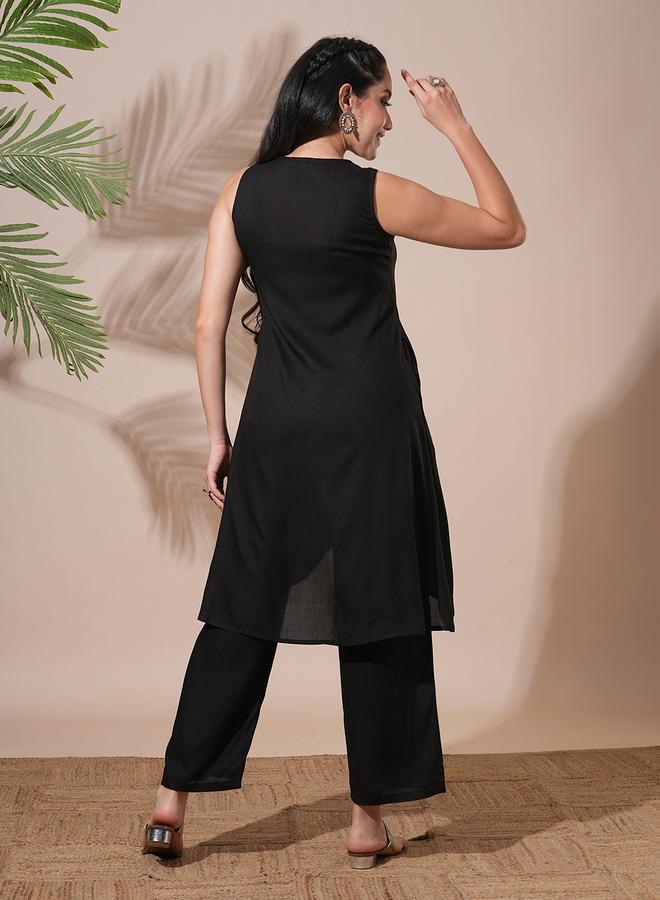 globus Women Black Embroidered Front Slits A-Line Kurta with Pant Set - Image 3