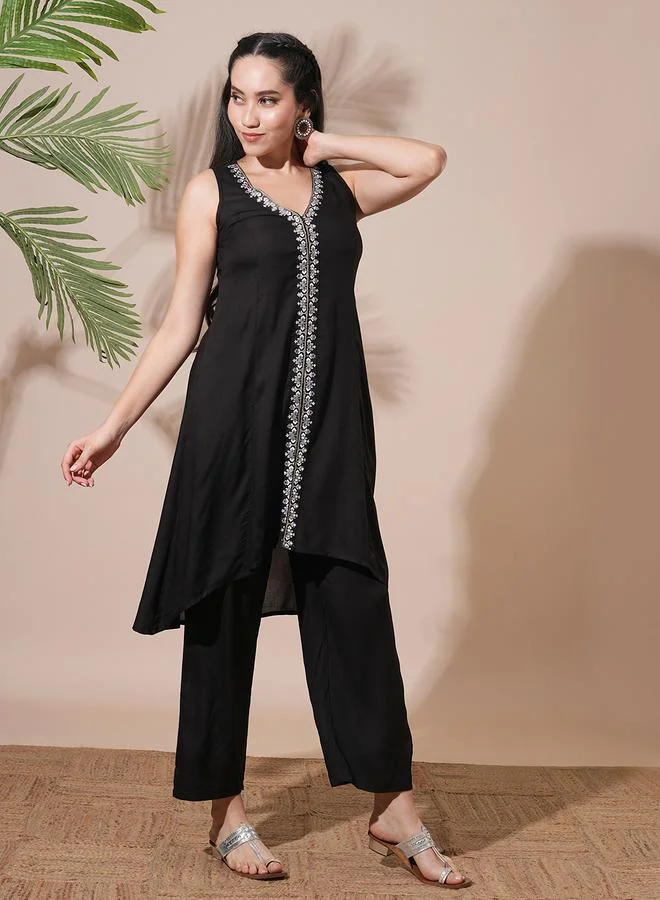 globus Women Black Embroidered Front Slits A-Line Kurta with Pant Set