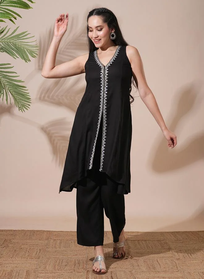 globus Women Black Embroidered Front Slits A-Line Kurta with Pant Set
